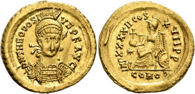 Theodosius II, 402-450. Solidus (Gold, 21 mm, 4.46 g, 6 h), Constantinopolis, 443-450. D N THEODOSI-VS P F AVG Helmeted, pearl-diademed and cuirassed ...