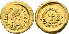 Aelia Eudocia, Augusta, 423-460. Tremissis (Gold, 14 mm, 1.51 g, 12 h), Constantinopolis, circa 420-450/3. AEL EVDO-CIA AVG Pearl-diademed and draped ...