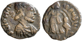 Johannes, usurper, 423-425. Nummus (Bronze, 11 mm, 1.12 g, 1 h), Rome. D N IOHAN-[NES P F AVG] Pearl-diademed, draped and cuirassed bust of Johannes t...