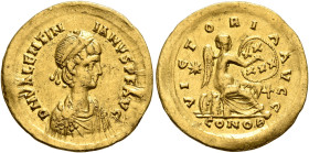 Valentinian III, 425-455. Semissis (Gold, 18 mm, 2.19 g, 6 h), Constantinopolis, 425-430. D N VALENTIN-IANVS P F AVG Pearl-diademed, draped and cuiras...