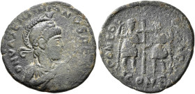 Valentinian III, 425-455. Follis (Bronze, 21 mm, 4.18 g, 6 h), Constantinopolis (or Cherson), circa 437. D N VALENTINIANVS P F AVG Pearl-diademed, hel...