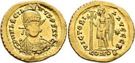 Marcian, 450-457. Solidus (Gold, 21 mm, 4.48 g, 6 h), Constantinopolis. D N MARCIA-NVS P F AVG Helmeted, pearl-diademed and cuirassed bust of Marcian ...