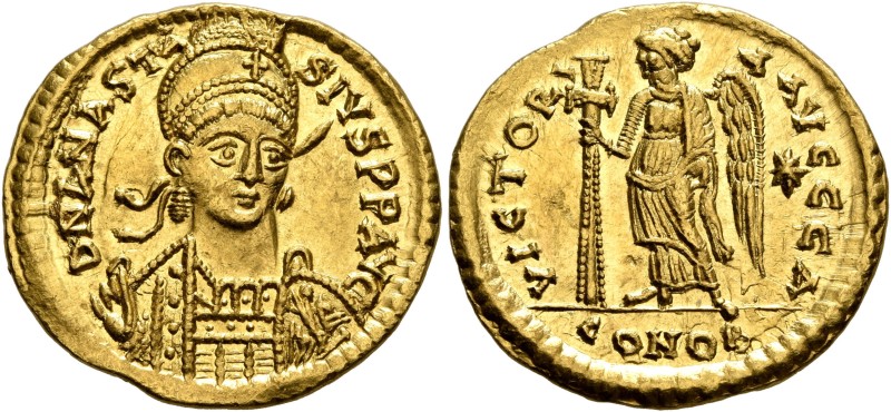 Anastasius I, 491-518. Solidus (Gold, 21 mm, 4.51 g, 6 h), Constantinopolis, 491...