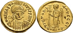 Anastasius I, 491-518. Solidus (Gold, 20 mm, 4.43 g, 6 h), Constantinopolis, 491-498. D N ANASTASIVS P P AVG Pearl-diademed, helmeted and cuirassed bu...