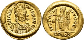 Anastasius I, 491-518. Solidus (Gold, 20 mm, 4.49 g, 6 h), Constantinopolis, circa 507-518. D N ANASTASIVS P P AVG Pearl-diademed, helmeted and cuiras...