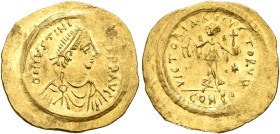 Justinian I, 527-565. Tremissis (Gold, 17 mm, 1.50 g, 6 h), Constantinopolis, 527-565. D N IVSTINI[AN]VS P P AVG Pearl-diademed, draped and cuirassed ...