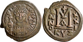 Justinian I, 527-565. Follis (Bronze, 37 mm, 19.65 g, 6 h), Cyzicus, RY 21 = 547/8. D N IVSTINI-ANVS P P AVI Helmeted and cuirassed bust of Justinian ...