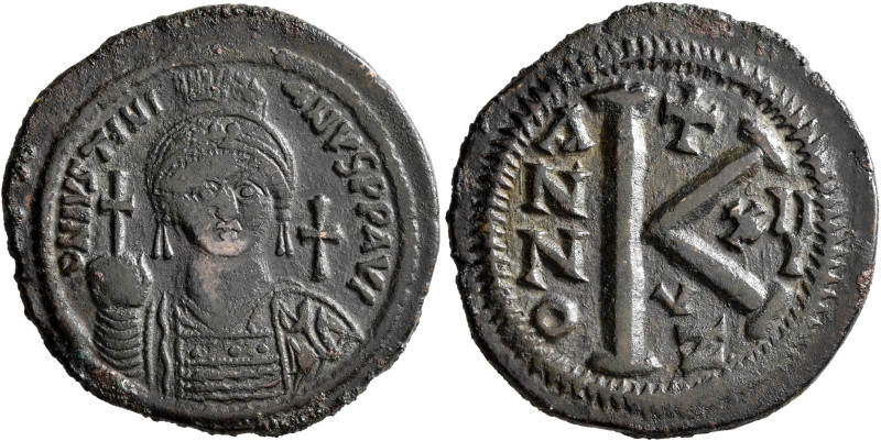 Justinian I, 527-565. Half Follis (Bronze, 29 mm, 11.13 g, 1 h), Cyzicus, RY 15 ...