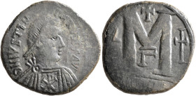 Justinian I, 527-565. Follis (Bronze, 30 mm, 13.86 g, 2 h), Carthage, 533-538. D N IVSTINIANVS P P AVG Diademed, draped, and cuirassed bust of Justini...