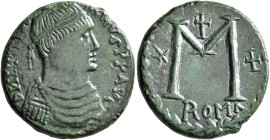 Justinian I, 527-565. Follis (Bronze, 26 mm, 10.65 g, 6 h), Rome, 537. D N IVSTINIANVS P P AVG Diademed, draped, and cuirassed bust of Justinian I to ...