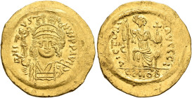 Justin II, 565-578. Solidus (Gold, 21 mm, 4.53 g, 6 h), Constantinopolis, 566/7-578. D N IVSTINVS P P AVI Helmeted and cuirassed bust of Justin II fac...