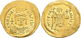 Maurice Tiberius, 582-602. Solidus (Gold, 23 mm, 4.52 g, 6 h), Constantinopolis, 583-601. δ N mAVRC TIb P P AVI Draped and cuirassed bust of Maurice T...