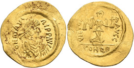 Maurice Tiberius, 582-602. Semissis (Gold, 20 mm, 2.18 g, 6 h), Constantinopolis. ο N mAVRI P P AV' Pearl-diademed, draped and cuirassed bust of Mauri...