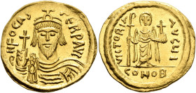 Phocas, 602-610. Solidus (Gold, 21 mm, 4.33 g, 7 h), Constantinopolis, 607-610. δ N FOCAS PERP AVI Draped and cuirassed bust of Phocas facing, wearing...