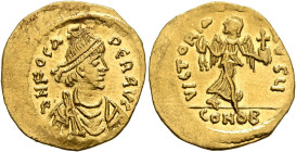 Phocas, 602-610. Semissis (Gold, 18 mm, 2.19 g, 6 h), Constantinopolis, 607-610. δ N FOCAS PЄR AVG Pearl-diademed, draped and cuirassed bust of Phocas...