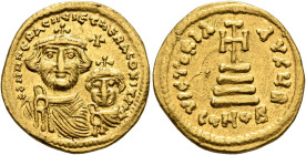 Heraclius, with Heraclius Constantine, 610-641. Solidus (Gold, 19 mm, 4.46 g, 7 h), Constantinopolis, circa 616-625. dd NN hERACLIЧS ET hERA CONST P P...