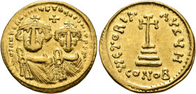 Heraclius, with Heraclius Constantine, 610-641. Solidus (Gold, 20 mm, 4.37 g, 6 h), Constantinopolis, circa 625-629. δδ NN hERACLIЧS ЄT hЄRA CONST P P...