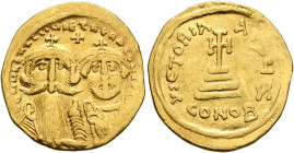Heraclius, with Heraclius Constantine, 610-641. Solidus (Gold, 21 mm, 4.34 g, 6 h), Constantinopolis, 629-631. δδ NN hERACLIЧS ЄT hЄRA CONST [P P AVG]...