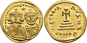 Heraclius, with Heraclius Constantine, 610-641. Solidus (Gold, 20 mm, 4.47 g, 6 h), Constantinopolis, 629-631. δδ NN hЄRACLIЧS ЄT hЄRA CONST P P AV Cr...