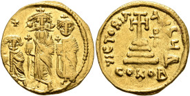 Heraclius, with Heraclius Constantine and Heraclonas, 610-641. Solidus (Gold, 20 mm, 4.47 g, 6 h), Constantinopolis, 632-635 (?). Heraclius and Heracl...