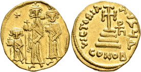 Heraclius, with Heraclius Constantine and Heraclonas, 610-641. Solidus (Gold, 20 mm, 4.35 g, 6 h), Constantinopolis, 632-635 (?). Heraclius and Heracl...