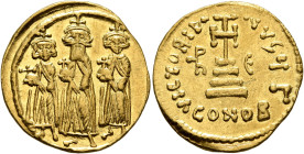 Heraclius, with Heraclius Constantine and Heraclonas, 610-641. Solidus (Gold, 20 mm, 4.47 g, 6 h), Constantinopolis, 639/641. Heraclius, Heraclius Con...