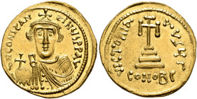 Constans II, 641-668. Solidus (Gold, 20 mm, 4.41 g, 7 h), Constantinopolis, 641-646. δ N CONSTANTINЧS P P AV' Crowned, draped and beardless bust of Co...