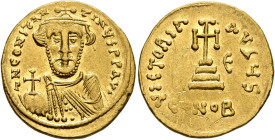 Constans II, 641-668. Solidus (Gold, 18 mm, 4.47 g, 5 h), Constantinopolis, 646/7. δ N CONSTANTINЧS P P AV' Crowned, draped and short-bearded bust of ...