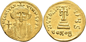 Constans II, 641-668. Solidus (Gold, 20 mm, 4.35 g, 6 h), Constantinopolis, 651-654. δ N CONSTANTINЧS P P AV Crowned and draped bust of Constans II fa...