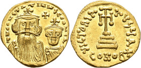 Constans II, with Constantine IV, 641-668. Solidus (Gold, 20 mm, 4.49 g, 7 h), Constantinopolis, 654-659. δ N CONSTANTINЧS C CONSTA Crowned and draped...