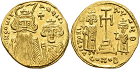 Constans II, with Constantine IV, Heraclius, and Tiberius, 641-668. Solidus (Gold, 19 mm, 4.43 g, 7 h), Constantinopolis, circa 659-661. δ N CONITANЧC...