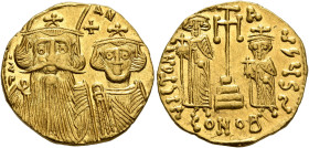 Constans II, with Constantine IV, Heraclius, and Tiberius, 641-668. Solidus (Gold, 18 mm, 4.47 g, 6 h), Constantinopolis, 661-663. d N AN Facing bust ...