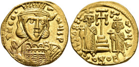 Constantine IV Pogonatus, with Heraclius and Tiberius, 668-685. Solidus (Gold, 19 mm, 4.46 g, 6 h), Constantinopolis, 668-673. δ N CO'n Diademed, helm...