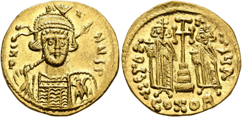 Constantine IV Pogonatus, with Heraclius and Tiberius, 668-685. Solidus (Gold, 1...