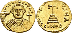 Leontius, 695-698. Solidus (Gold, 19 mm, 4.35 g, 5 h), Constantinopolis. D LЄON PЄ AV Bearded bust of Leontius facing, wearing crown and loros, holdin...