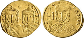Constantine V Copronymus, with Leo IV, 741-775. Solidus (Gold, 21 mm, 4.38 g, 7 h), Constantinopolis, circa 757-775. COҺSTAҺTIҺOS S LЄOҺ O ҺЄOS Crowne...
