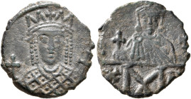 Constantine VI & Irene, 780-797. Follis (Bronze, 17 mm, 2.36 g, 6 h), Constantinopolis, 792-797. Crowned facing bust of Irene, wearing loros, holding ...