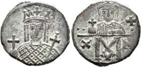 Constantine VI & Irene, 780-797. Follis (Bronze, 17 mm, 2.59 g, 6 h), Constantinopolis, 792-797. Crowned facing bust of Irene, wearing loros, holding ...