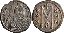 Michael II the Amorian, with Theophilus, 820-829. Follis (Bronze, 30 mm, 7.87 g, 6 h), Constantinopolis. MIXAHL S ΘЄOFILOS Facing busts of Michael II,...