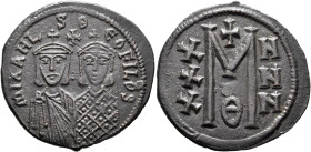 Michael II the Amorian, with Theophilus, 820-829. Follis (Bronze, 31 mm, 7.95 g, 6 h), Constantinopolis. MIXAHL S ΘЄOFILOS Facing busts of Michael II,...