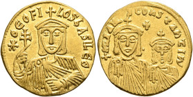 Theophilus, with Constantine and Michael II, 829-842. Solidus (Gold, 19 mm, 4.34 g, 6 h), Constantinopolis, 830/1-840. ✱ΘЄOFILOS bASILЄ Θ Facing bust ...