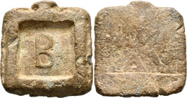 ROMAN. Circa 1st-3rd centuries. Weight of 2 Unciae (Lead, 37x37 mm, 53.06 g). B within incuse square. Rev. [...] AY. Cf. Pondera 12841 (similar obvers...