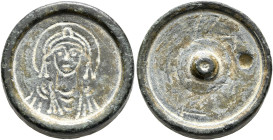 John, comes sacrarum largitionum, circa 573 (?). Weight of 3 Nomismata (Bronze, 21 mm, 12.51 g), a round coin weight with inscribed edge. Draped, diad...