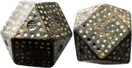 ISLAMIC. Circa 10-13th centuries. Weight of 100 Dirhams (Bronze, 35x35 mm, 297.30 g), a coin weight in the form of a polyhedron. Faces covered with sm...
