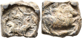 ROMAN. Circa 3rd century. Seal (Lead, 14 mm, 10.22 g). Boar (?) hunt: dog attacking boar (?) in top left corner; to right, figure standing left, holdi...