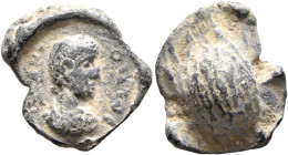 Procopius (?), 4th century. Seal (Lead, 17 mm, 4.34 g). ΠΡOK-OΠIOC (?) Bare-headed and draped bust right. Rev. Hemispherical swelling. Unpublished in ...