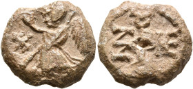 Alexandros, 550-650. Seal (Lead, 19 mm, 10.00 g, 12 h). Nike advancing left, holding wreath in her right hand and palm frond over her left shoulder; i...