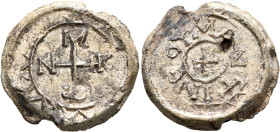 Monastery of Mantineion, 740-800. Seal (Lead, 25 mm, 12.13 g, 6 h). Cruciform monogram MONHC within decorated circular border. Rev. MANTINЄ[I]OV withi...