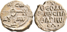 Theodoros, imperial spatharios, 8th century. Seal (Lead, 26 mm, 13.70 g, 12 h). Large cruciform monogram ΘЄOTOKЄ BOHΘH; in quadrants, TⲰ - CⲰ / Δ૪-ΛⲰ ...