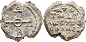 Theophanes, 8th century. Seal (Lead, 25 mm, 9.20 g, 12 h). Large cruciform monogram ΘЄOTOKЄ BOHΘH. Rev. TⲰ Δ૪/ΛⲰ C૪ ΘЄ/OΦANЄI in three lines; above, c...